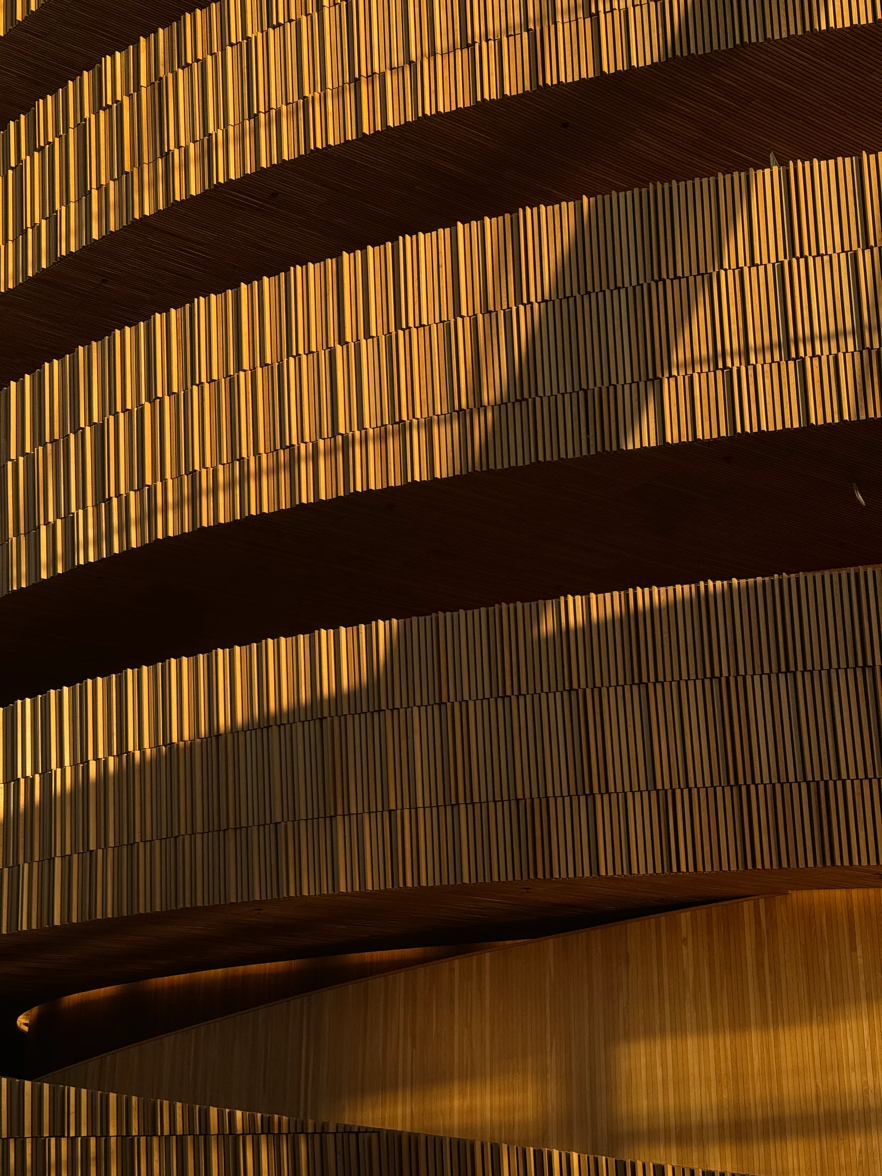 Golden architectural facade with layered vertical fins and warm afternoon shadows